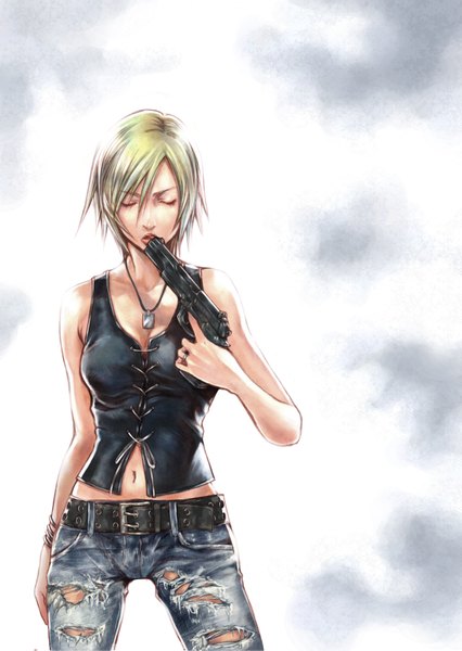 Anime picture 4961x6980 with parasite eve (game) the 3rd birthday (game) aya brea single tall image highres short hair blonde hair bare shoulders absurdres eyes closed scan girl navel weapon gun jeans torn jeans