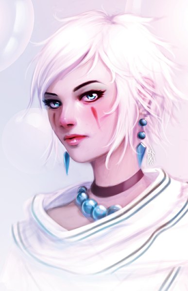 Anime picture 701x1085 with rafaarsen single tall image looking at viewer fringe short hair blue eyes white hair lips makeup girl earrings choker