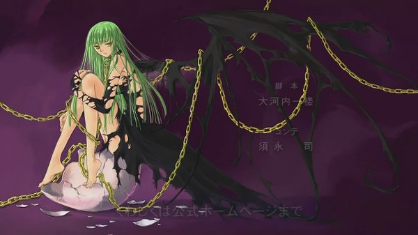 Anime picture 1280x720 with code geass sunrise (studio) clamp c.c. single long hair wide image yellow eyes barefoot green hair torn clothes soles girl wings chain collar cap lead eggshell