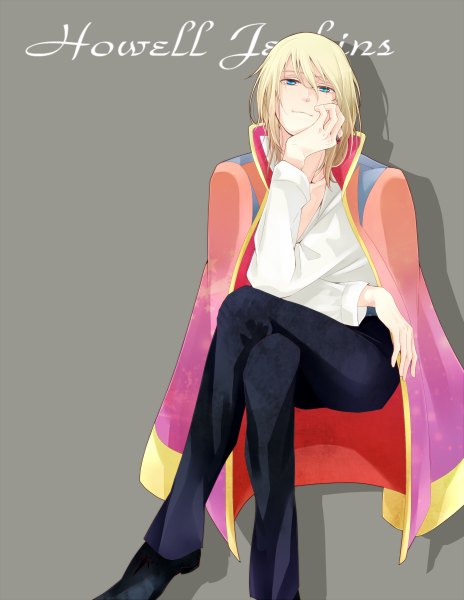 Anime picture 928x1200 with howl's moving castle studio ghibli howl miyamotokannn single long hair tall image looking at viewer fringe blue eyes simple background blonde hair hair between eyes sitting grey background shadow crossed legs clothes on shoulders chin rest boy