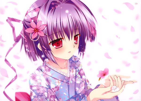 Anime picture 4000x2864 with mikeou single highres short hair red eyes absurdres purple hair japanese clothes hair flower girl hair ornament flower (flowers) ribbon (ribbons) hair ribbon petals kimono