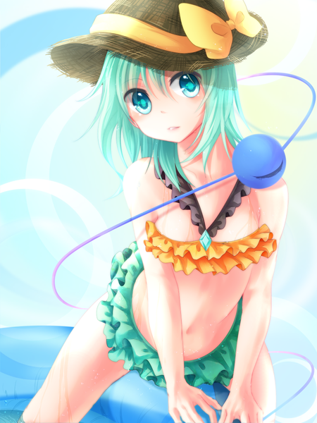 Anime picture 960x1280 with touhou komeiji koishi pochi07 single long hair tall image looking at viewer blue eyes green hair girl navel bow swimsuit hat bikini bikini skirt eyeball