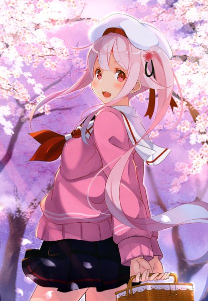 Anime picture 4087x5900 with kantai collection nyantype harusame destroyer kisaichi jin single long hair tall image looking at viewer blush highres open mouth red eyes pink hair absurdres official art cherry blossoms girl skirt miniskirt petals