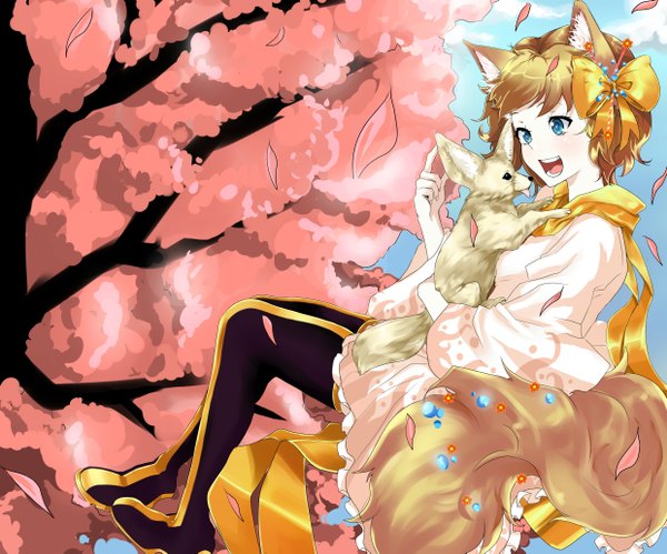 Anime picture 2480x2066 with original bollito (artist) single highres short hair open mouth blue eyes brown hair sitting animal ears looking away cherry blossoms girl hair ornament bow hair bow animal petals boots