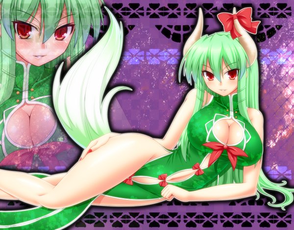 Anime picture 1400x1100 with touhou kamishirasawa keine breasts light erotic red eyes cleavage green hair huge breasts demon girl girl