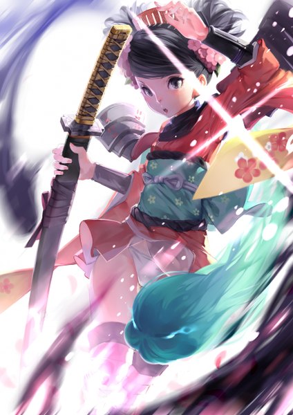 Anime picture 900x1272 with oboro muramasa (game) vanillaware momohime cici single tall image looking at viewer blush open mouth light erotic black hair holding ponytail traditional clothes japanese clothes hair flower black eyes :o girl hair ornament