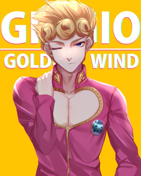 Anime picture 1980x2480 with jojo no kimyou na bouken giorno giovanna eternity (shadeh) single tall image looking at viewer fringe highres short hair blue eyes simple background blonde hair upper body one eye closed yellow background boy
