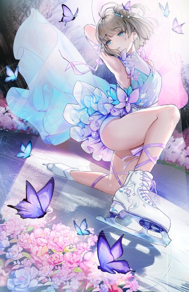 Anime picture 3217x4961 with original para3318 single tall image blush fringe highres short hair open mouth blue eyes light erotic looking away absurdres full body ahoge bent knee (knees) blunt bangs arm up grey hair armpit (armpits)