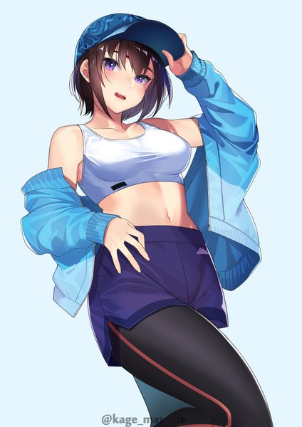 Anime picture 1447x2046 with original kagematsuri single tall image looking at viewer blush fringe short hair breasts simple background hair between eyes brown hair standing purple eyes bare shoulders signed payot long sleeves off shoulder open jacket