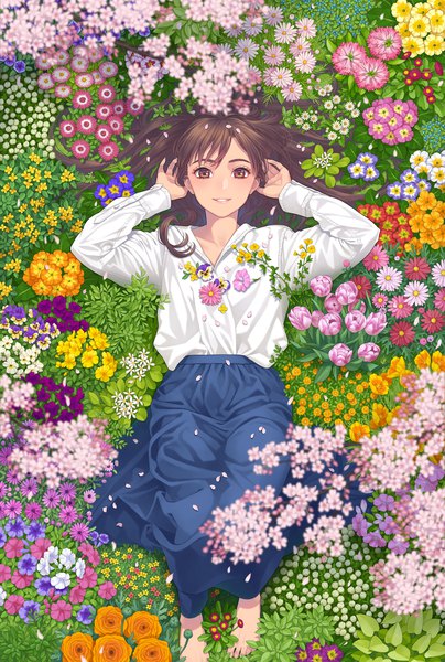 Anime picture 1200x1783 with original minami (minami373916) single long hair tall image looking at viewer blush fringe smile brown hair brown eyes full body outdoors lying long sleeves parted lips barefoot from above arms up on back