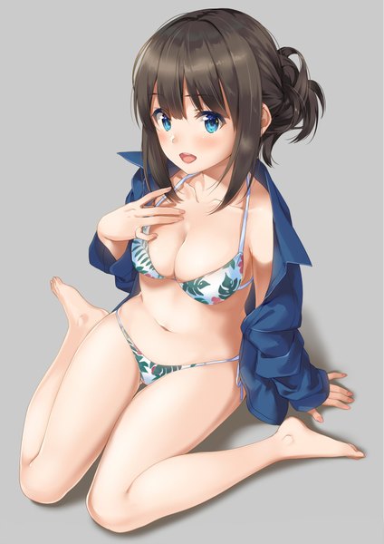 Anime picture 1413x2000 with original unasaka ryou single tall image looking at viewer blush fringe short hair breasts open mouth blue eyes light erotic simple background hair between eyes brown hair sitting payot full body bent knee (knees) barefoot