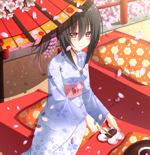 Anime picture 995x1024 with original shinigami (tukiyomiikuto) single long hair tall image blush black hair smile red eyes ponytail traditional clothes japanese clothes lips sunlight cherry blossoms side ponytail girl hair ornament flower (flowers) plant (plants)
