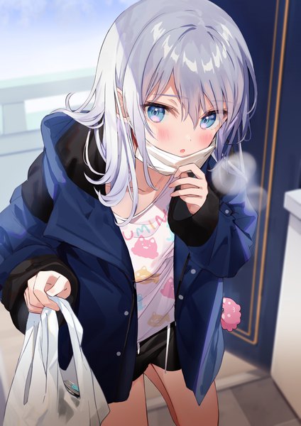 Anime picture 1061x1500 with original kanda done single long hair tall image looking at viewer blush fringe open mouth blue eyes hair between eyes standing holding long sleeves grey hair open jacket :o standing on one leg mask pull girl