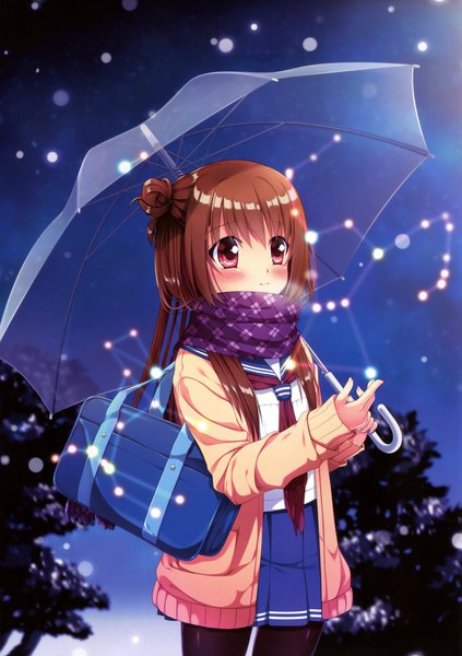 Anime picture 2765x3918 with original hinoue itaru single long hair tall image blush highres red eyes brown hair looking away scan night hair bun (hair buns) snowing exhalation transparent umbrella constellation girl skirt uniform