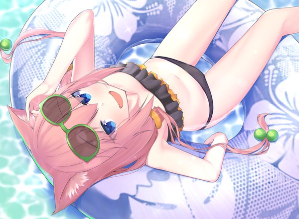 Anime picture 3594x2644 with virtual youtuber hinata channel nekomiya hinata misakisanakichi single long hair looking at viewer fringe highres open mouth blue eyes light erotic smile hair between eyes twintails bare shoulders animal ears pink hair absurdres cat ears