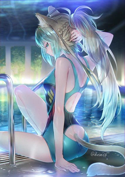 Anime picture 781x1100 with fate (series) fate/grand order atalanta (fate) miyuki ruria single long hair tall image looking at viewer fringe light erotic blonde hair sitting green eyes signed animal ears payot ahoge bent knee (knees) ponytail indoors