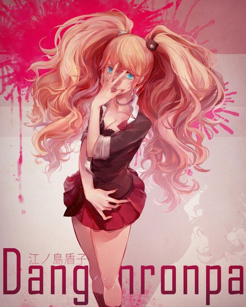 Anime picture 1800x2250 with dangan ronpa enoshima junko single tall image looking at viewer fringe highres breasts standing twintails nail polish aqua eyes from above inscription legs wavy hair girl skirt bow miniskirt