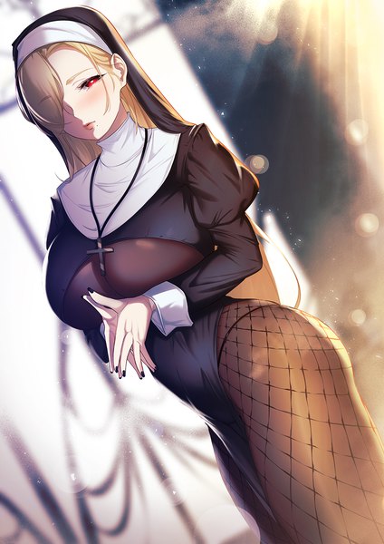 Anime-Bild 1000x1415 mit original blueorca single long hair tall image looking at viewer blush fringe breasts light erotic blonde hair red eyes large breasts standing long sleeves nail polish fingernails hair over one eye mole dutch angle