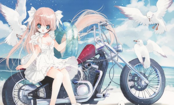 Anime picture 4800x2899 with rami single highres open mouth blue eyes blonde hair wide image sitting outdoors very long hair :d two side up lolita fashion girl dress bow hair bow animal white dress sea