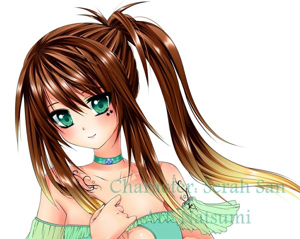 Anime picture 1000x797 with nami (nyaa) single long hair looking at viewer blush simple background brown hair white background bare shoulders green eyes ponytail light smile side ponytail girl dress