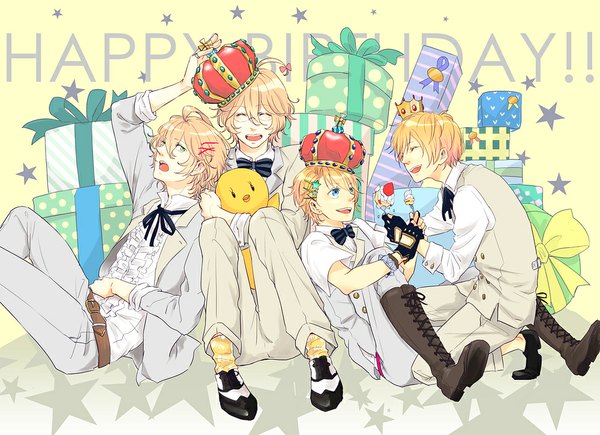 Anime picture 1000x725 with uta no prince-sama a-1 pictures kurusu shou shinomiya natsuki shinomiya satsuki kurusu kaoru short hair open mouth blue eyes blonde hair sitting green eyes eyes closed multiple boys short sleeves kneeling happy eating siblings twins