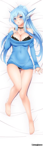 Anime picture 372x1250 with original lintanghaseo single long hair tall image looking at viewer blush breasts blue eyes light erotic large breasts bare shoulders blue hair cleavage ponytail lying barefoot from above bare legs on back
