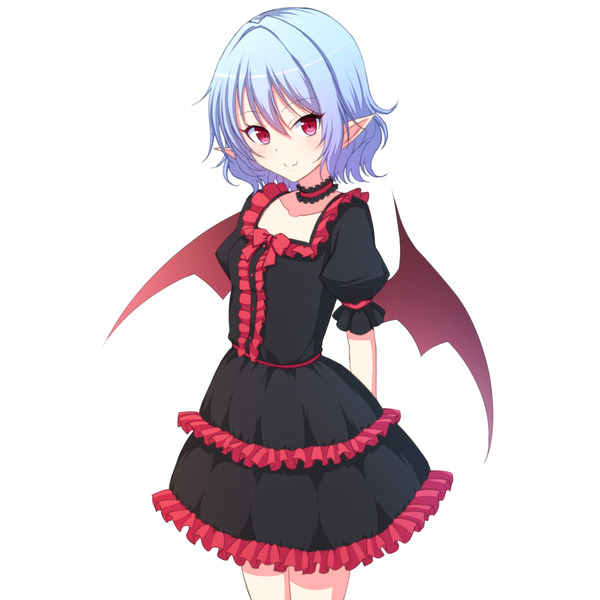 Anime picture 1080x1080 with touhou remilia scarlet junior27016 single looking at viewer fringe short hair breasts simple background smile hair between eyes red eyes white background purple hair light smile pointy ears short sleeves fang (fangs) alternate costume puffy sleeves