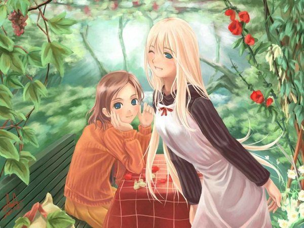 Anime picture 1024x768 with original looking at viewer open mouth blue eyes blonde hair brown hair sitting multiple girls one eye closed wink nature girl flower (flowers) 2 girls petals rose (roses) red rose bench masaaki zama