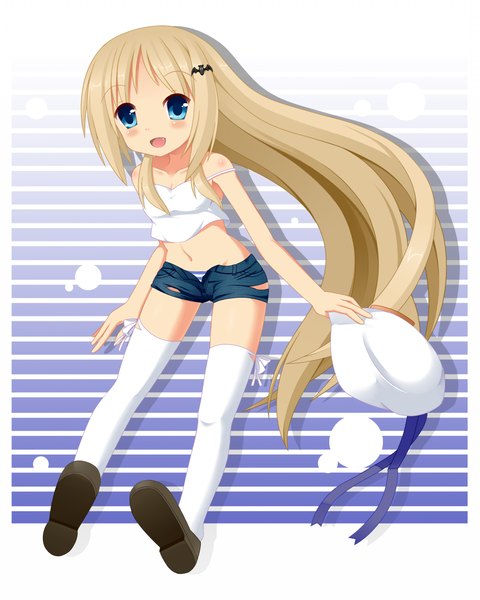 Anime picture 1860x2325 with little busters! key (studio) noumi kudryavka mizunashi tomo (artist) single long hair tall image blush highres open mouth blue eyes blonde hair loli torn clothes striped striped background thighhighs navel white thighhighs shorts