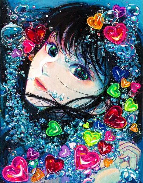 Anime picture 900x1146 with original tatsumi (serao) single long hair tall image looking at viewer fringe open mouth black hair green eyes underwater water heart bubble (bubbles)
