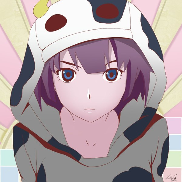 Anime picture 1280x1280 with bakemonogatari shaft (studio) monogatari (series) senjougahara hitagi tagme (artist) single looking at viewer fringe short hair blue eyes signed purple hair upper body close-up serious white skin animal hood girl hood hoodie