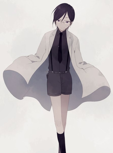 Anime picture 1000x1347 with touken ranbu nitroplus yagen toushirou o-ishi single tall image short hair black hair simple background smile purple eyes looking away grey background hands in pockets smirk boy shirt socks glasses necktie