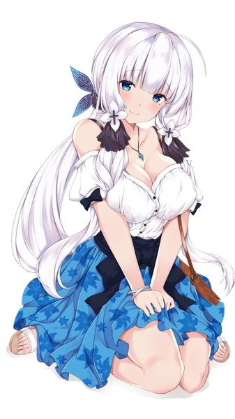 Anime picture 3240x5760 with azur lane illustrious (azur lane) mamizu single long hair tall image looking at viewer blush fringe highres breasts blue eyes light erotic simple background smile hair between eyes large breasts white background sitting bare shoulders