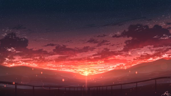 イラスト 2204x1240 と オリジナル rune xiao highres wide image signed 空 cloud (clouds) night night sky evening sunset mountain no people landscape red sky 星