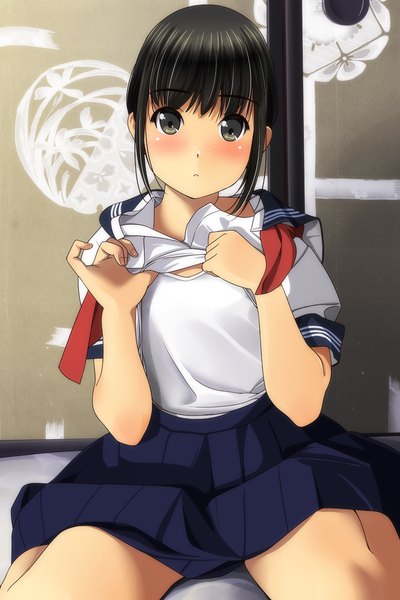 Anime picture 800x1200 with original matsunaga kouyou single tall image looking at viewer blush fringe short hair light erotic black hair sitting pleated skirt black eyes undressing girl skirt uniform serafuku sliding doors fusuma