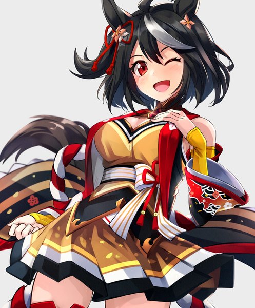 Anime picture 960x1160 with umamusume kitasan black (umamusume) alisia0812 single tall image looking at viewer fringe short hair open mouth black hair simple background hair between eyes red eyes animal ears tail animal tail multicolored hair grey background streaked hair hand on hip