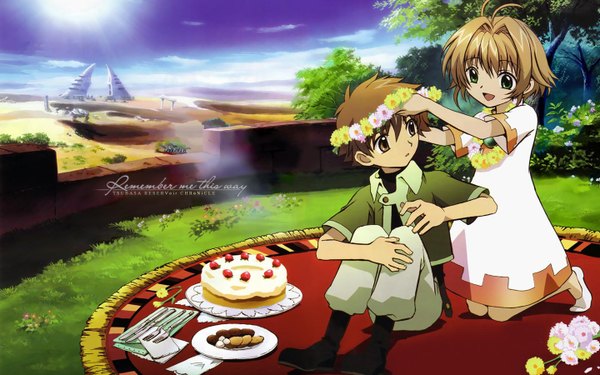 Anime picture 1440x900 with tsubasa reservoir chronicle clamp syaoran wide image picnic sakura-hime