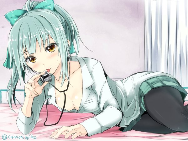 Anime picture 1200x900 with kantai collection yuubari light cruiser gin'ichi (akacia) single long hair blush fringe breasts open mouth light erotic yellow eyes payot looking away cleavage ponytail lying aqua hair alternate costume on side licking