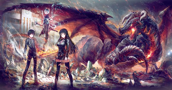 Anime picture 1280x677 with shirakaba long hair looking at viewer short hair black hair wide image white hair horn (horns) black eyes glowing fantasy destruction girl thighhighs boy weapon black thighhighs sword wings dragon