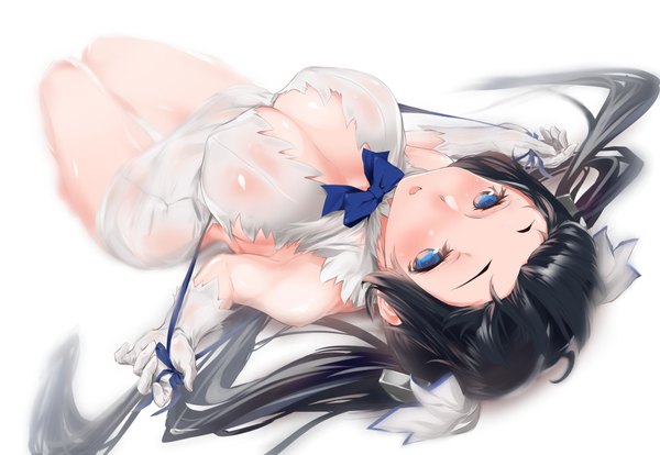 Anime picture 4200x2900 with dungeon ni deai wo motomeru no wa machigatteiru darou ka j.c. staff hestia (danmachi) afukuro single long hair blush fringe highres breasts open mouth blue eyes light erotic black hair simple background large breasts white background twintails bare shoulders absurdres