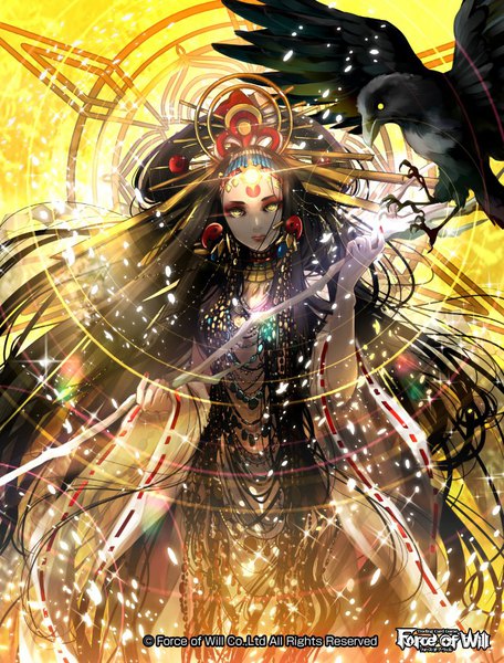 Anime picture 761x1000 with force of will nanahara single tall image looking at viewer black hair standing holding yellow eyes very long hair nail polish wide sleeves official art sparkle copyright name floating hair magic eyeshadow yellow background glow