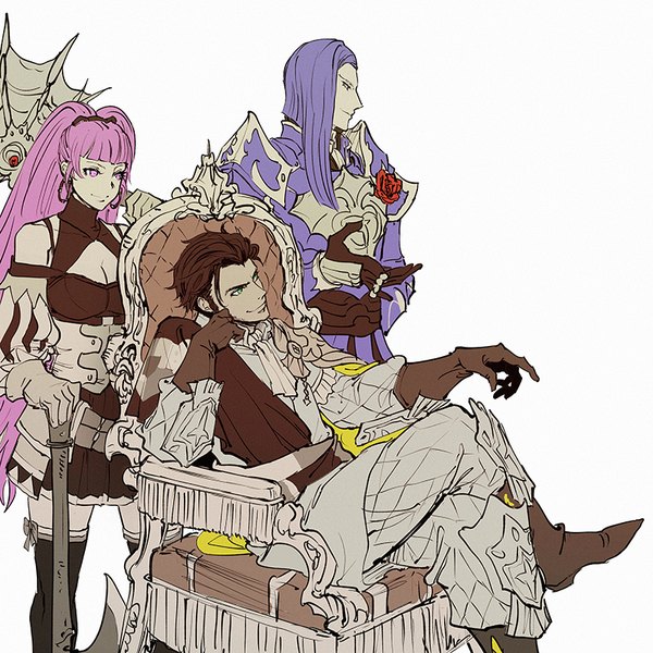 Anime picture 800x800 with fire emblem fire emblem: three houses nintendo claude von riegan hilda valentine goneril lorenz hellman gloucester deba long hair fringe short hair open mouth simple background smile brown hair standing white background sitting purple eyes twintails bare shoulders