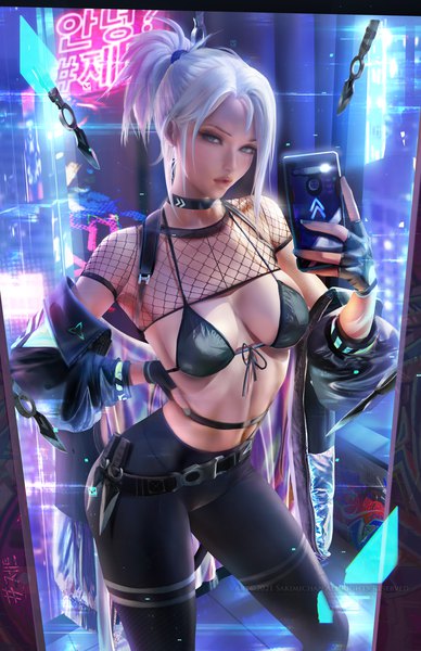 Anime picture 2266x3500 with valorant jett (valorant) sakimichan single tall image looking at viewer fringe highres short hair breasts light erotic standing holding payot silver hair ponytail nail polish aqua eyes fingernails realistic
