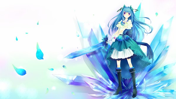 Anime picture 1920x1080 with original fujishiki aiko single long hair highres wide image purple eyes blue hair girl dress weapon sword boots crystal