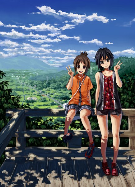 Anime picture 700x968 with original bokuden tall image looking at viewer blush short hair open mouth black hair smile brown hair multiple girls brown eyes sky cloud (clouds) pleated skirt shadow victory horizon mountain girl