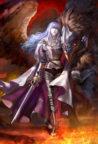 Anime picture 546x800 with berserk griffith peach (marslave) single long hair tall image fringe blue eyes hair between eyes standing holding payot silver hair full body floating hair wavy hair looking up crossed legs (standing) boy weapon