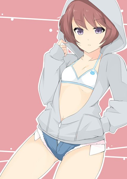 Anime-Bild 712x1000 mit aldnoah.zero a-1 pictures rayet areash sasakura single tall image looking at viewer fringe short hair breasts light erotic simple background purple eyes pink hair flat chest pink background hand in pocket girl navel underwear