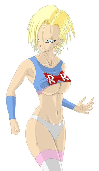 Anime picture 1028x1771 with dragon ball android 18 single tall image short hair blue eyes light erotic blonde hair simple background white background underboob girl underwear panties pantyhose