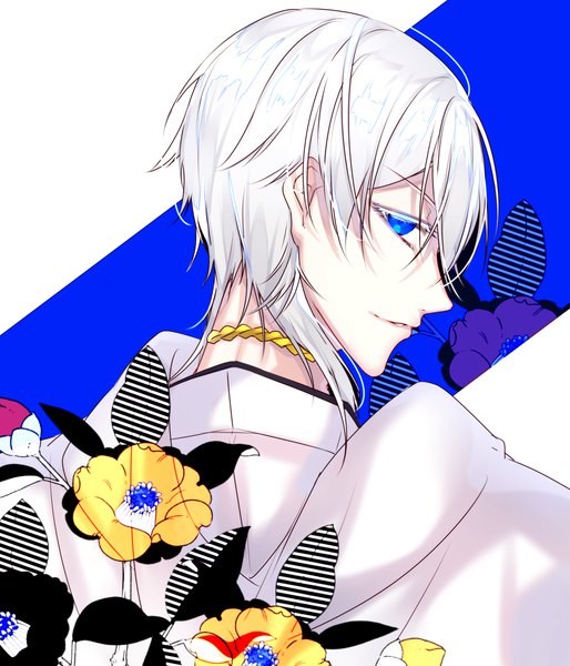 Anime picture 3000x3500 with touken ranbu nitroplus tsurumaru kuninaga motsuni (lxxe1120) single tall image looking at viewer highres short hair blue eyes silver hair traditional clothes japanese clothes profile looking back light smile boy flower (flowers) camellia (flower)