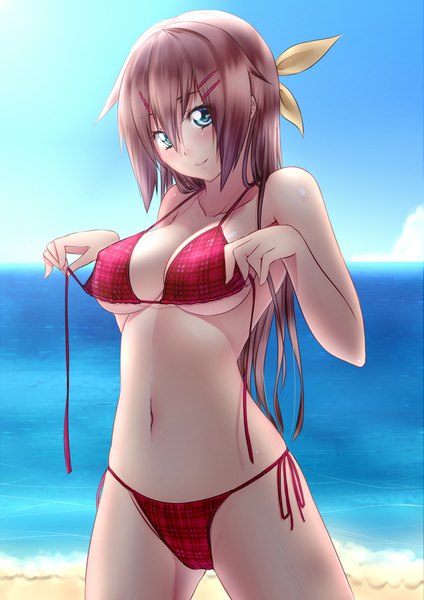 Anime picture 707x1000 with original kai (link2262) single long hair tall image looking at viewer blush breasts blue eyes light erotic brown hair beach girl navel hair ornament swimsuit bikini bobby pin red bikini